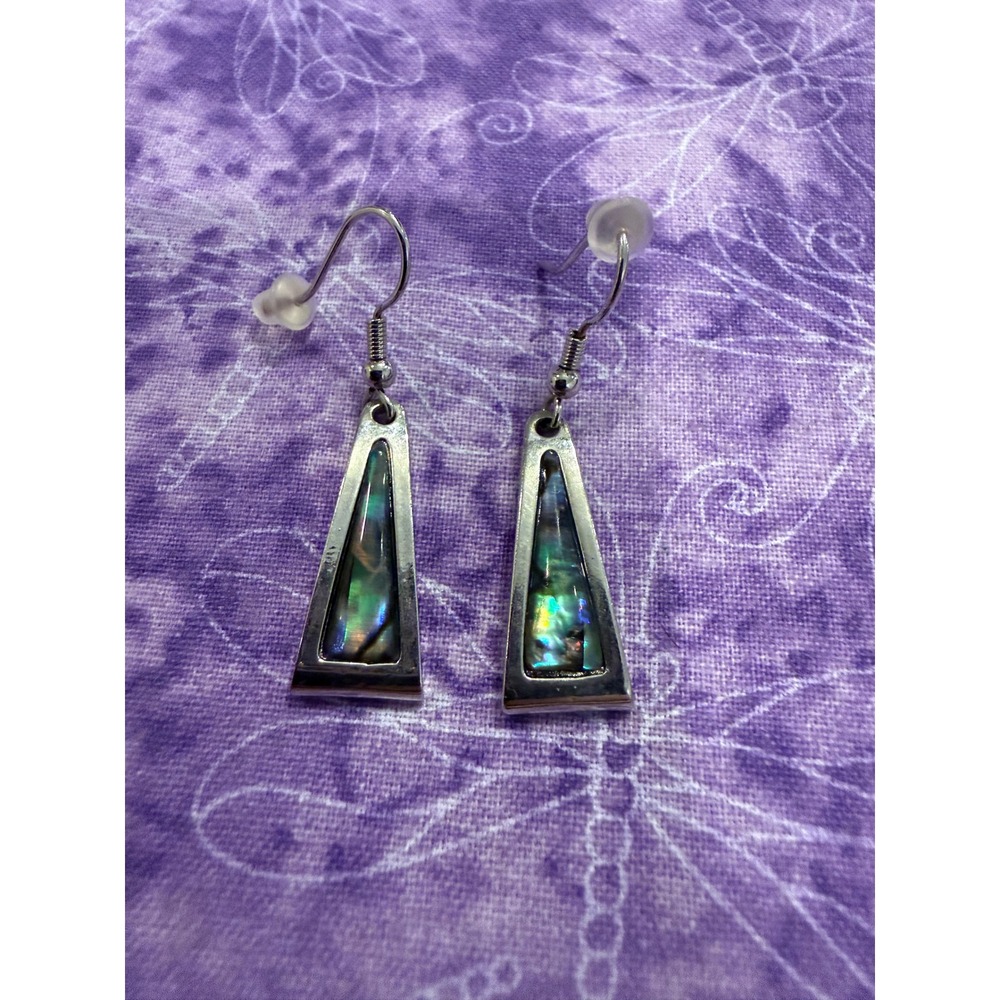 Womens Dangle Earrings Silver Tone Abalone Inlay Triangle Geometric Artsy Chic